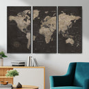 Custom World Map with Pins Canvas Wall Art Dark Charcoal
