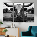 Black White Texas Longhorn Bull Canvas Wall Art, Western Ranch Cattle Photography Print, Rustic Farmhouse Cowboy Decor Artwork
