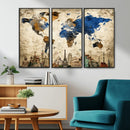 World Map Canvas Print – Vintage Blue and Gold World Map