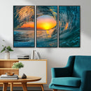 Ocean Wave Sunset Wall Art | Large Coastal Wave Canvas Print