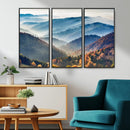 Misty Mountain Sunrise Triptych Canvas Print – Autumn
