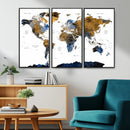 Modern Abstract World Map Canvas Wall Art – Framed Blue and