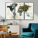 Vintage World Map Wall Art Canvas Print, Framed Rustic Earth
