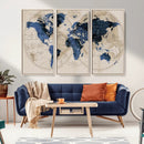 Vintage Blue World Map Canvas Wall Art – Antique Style