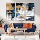Blue and Gold Abstract Canvas Wall Art – Triptych Modern