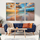 Sunset Ocean Waves on Tropical Beach, 3-Panel Giclee Canvas
