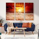 Red Sunset Ocean Beach Canvas Wall Art Beach Canvas, Coastal