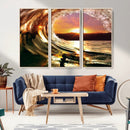 Golden Wave Sunset Triptych Canvas Art, Giclee Canvas Print