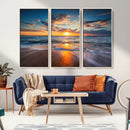 Sunset on the Ocean Beach with Waves, Reflections on Sand,