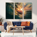 Ocean Wave Sunset Canvas Wall Art – Triptych Seascape Print