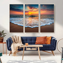Sunset Beach Canvas Wall Art – Colorful Ocean Waves Triptych
