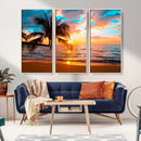 Palm Tree Sunset On The Beach Wall Art Canvas, Framed Palm