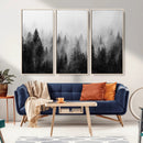 Foggy Black and White Forest Canvas Wall Art, 3 Panel Misty