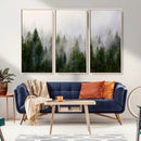 Misty Pine Forest Wall Art Canvas Print | 3 Panel Green