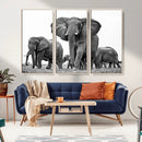 Black White Elephant Family Wall Art Canvas Print