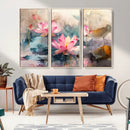 Lotus Flower Wall Art | 3-Panel Giclee Canvas Print of Pink