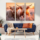 Highland Cows at Sunrise Wall Art Canvas Set – Serene and