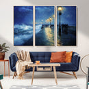 Storm Ocean Pier Canvas Wall Art Print - Large Moody Night