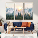 Misty Pine Forest Wall Art Canvas, Sunrise Over Foggy Trees
