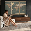 Rustic Black and Wood World Map Canvas Wall Art – Framed