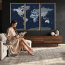 Blue Detailed World Map Wall Art Canvas Print, Modern Framed