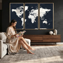 Black World Map Wall Art Canvas Print for Home Office and