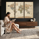 Vintage World Map Canvas Wall Art - Rustic Grunge Texture