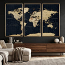 Dark World Map Canvas Wall Art Print, Minimal Black and Gold