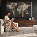 World Map Canvas Wall Art Dark Charcoal Antique Tan Detailed