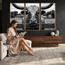 Black White Texas Longhorn Bull Canvas Wall Art, Western Ranch Cattle Photography Print, Rustic Farmhouse Cowboy Decor Artwork