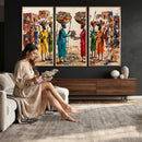 African Folk Art Canvas Wall Art, Colorful African Women Village Painting Print, Tribal Ethnic Home Decor, Vibrant African Art, Living Room