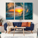 Ocean Wave Sunset Wall Art | Large Coastal Wave Canvas Print