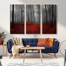 Red Forest Floor Canvas Wall Art – Mystical Foggy Woodland