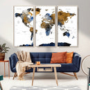 Modern Abstract World Map Canvas Wall Art – Framed Blue and