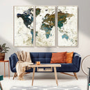 Vintage World Map Wall Art Canvas Print, Framed Rustic Earth