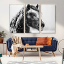 Winter Horse Canvas Print | Large 3-Panel Black White Equine