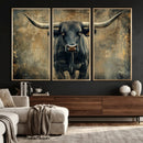 Texas Longhorn Bull Wall Art – Framed Rustic Cow Canvas