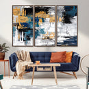 Blue and Gold Abstract Canvas Wall Art – Triptych Modern