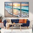 Sunset Beach Waves Canvas Wall Art – 5-Panel Ocean Sunset