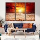 Red Sunset Ocean Beach Canvas Wall Art Beach Canvas, Coastal