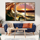 Golden Wave Sunset Triptych Canvas Art, Giclee Canvas Print
