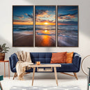 Sunset on the Ocean Beach with Waves, Reflections on Sand,