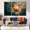 Ocean Wave Sunset Canvas Wall Art – Triptych Seascape Print