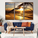 Golden Tropical Beach Sunset Canvas Triptych, Coastal Palm