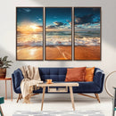 Golden Sunset Beach Triptych Canvas Art, Giclee Coastal Wall