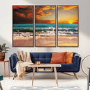 Golden Sunset Beach Canvas Wall Art – Triptych Seascape
