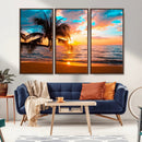 Palm Tree Sunset On The Beach Wall Art Canvas, Framed Palm