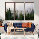 Misty Pine Forest Wall Art Canvas Print | 3 Panel Green