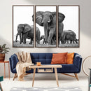 Black White Elephant Family Wall Art Canvas Print