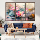 Lotus Flower Wall Art | 3-Panel Giclee Canvas Print of Pink